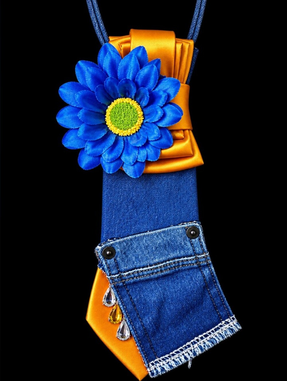 Denim Floral Statement Necktie Necklace - Blue & Gold - Picture 2 of 3